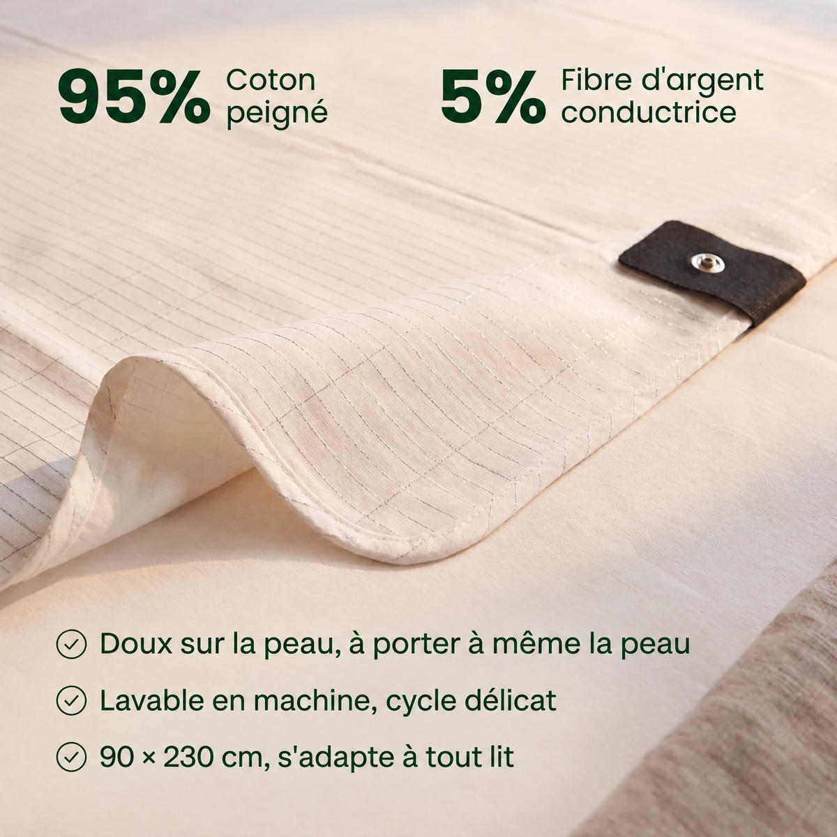 Composition Sol & Sommeil, 95% coton peigné, 5% fibre d'argent conductrice, gros plan sur le tissu