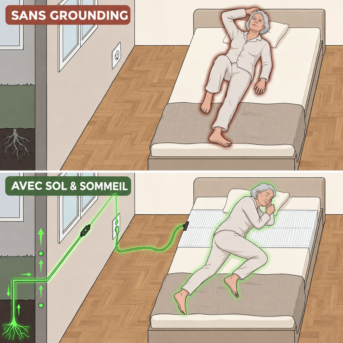 Illustration sans grounding versus avec Sol & Sommeil, sommeil connecté à la terre